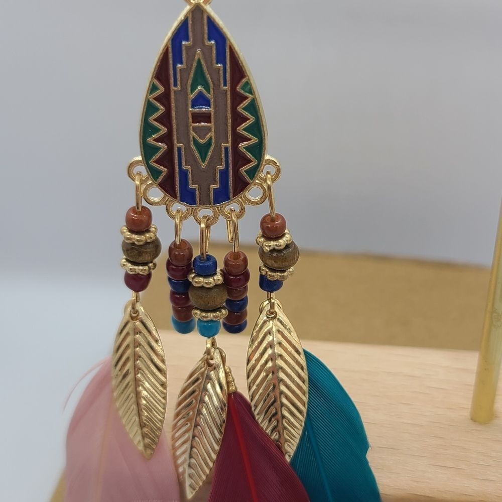 Burgundy Feather Tassel Earrings Boho Tribal Festival Dangle Gypsy Soul Rustic - Picture 4 of 7